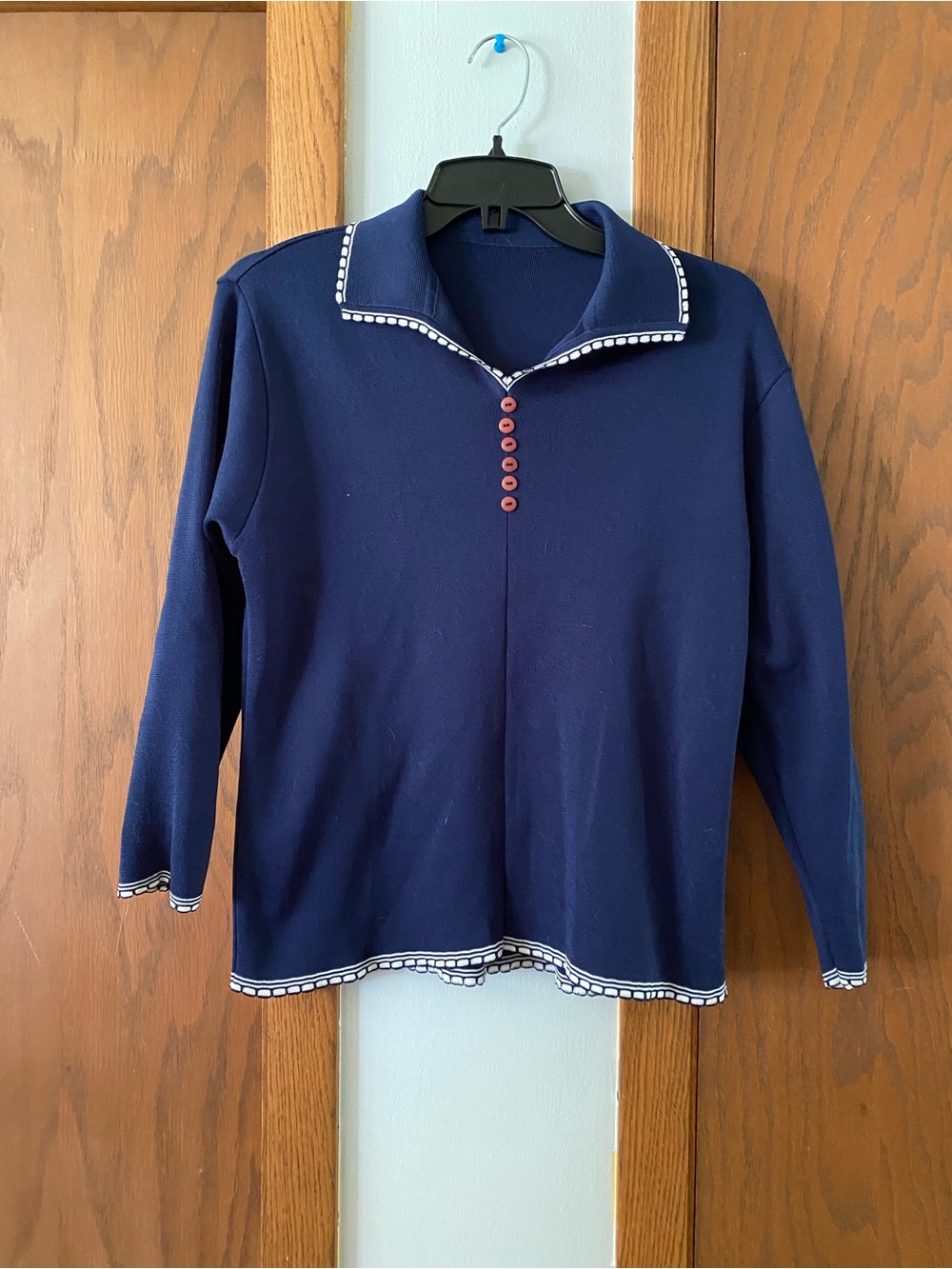 Navy Collared Knit Top with white trim